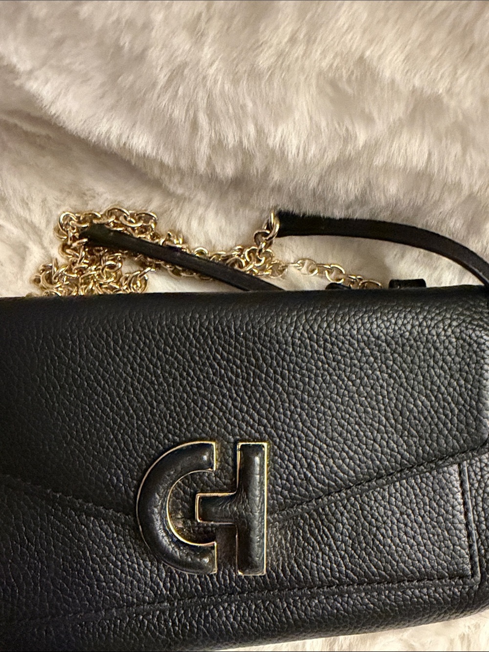 Cole Haan Black Leather Crossbody Wallet with Gold Chain Strap